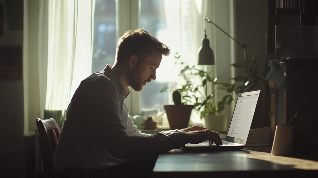 A Man Working on A Laptop in A Well-Lit, Organized Workspace, Using Tools for Improving Workplace Productivity