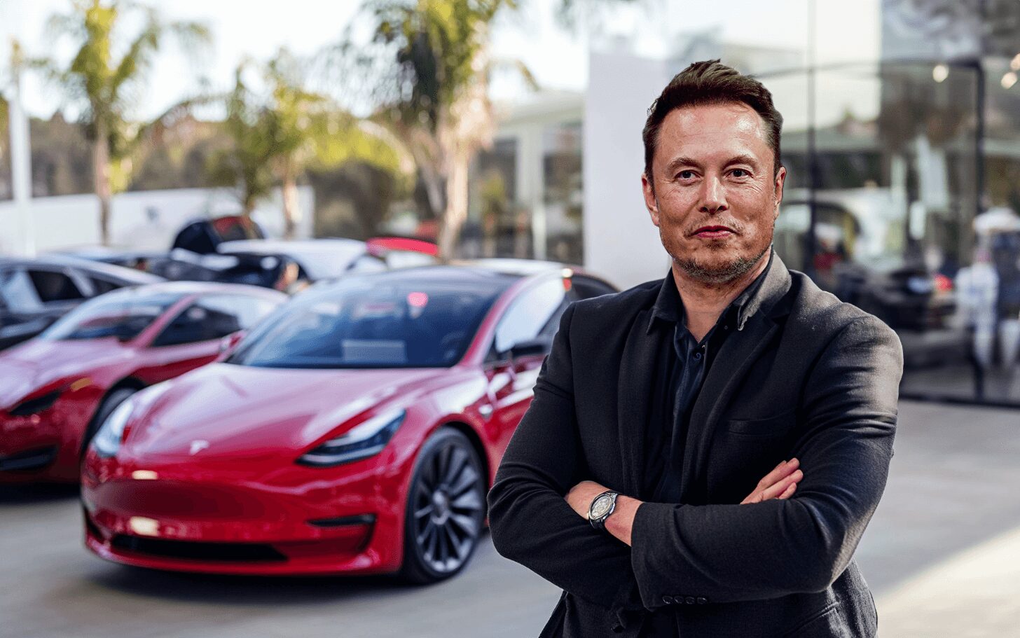 Elon Musk standing confidently with arms crossed in front of a row of red Tesla cars, showcasing part of his impressive car collection.