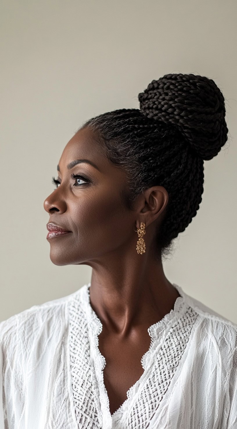 This image shows a woman with a large box braided bun on the crown of her head.