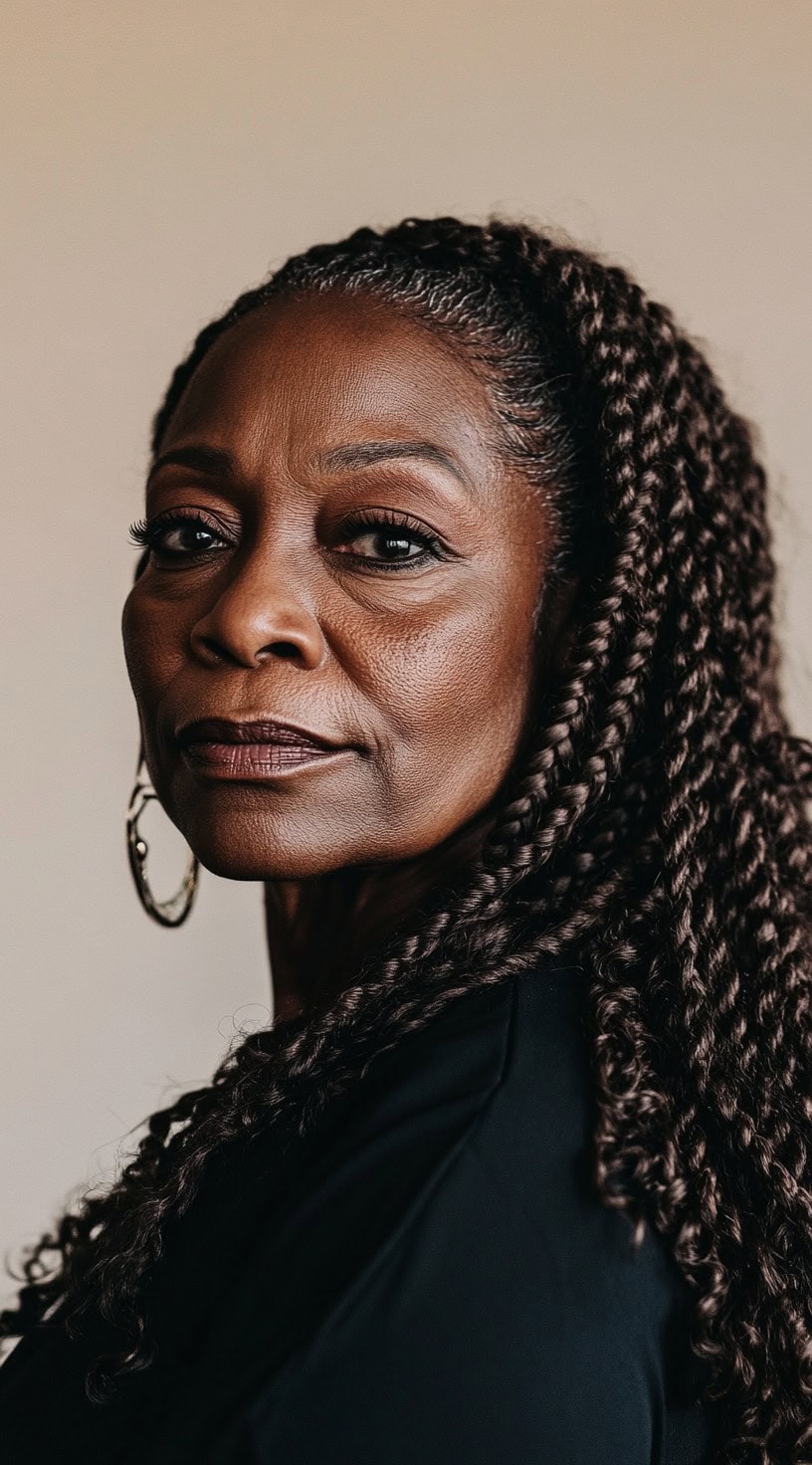 This image shows a woman with long braids, styled with subtle auburn highlights.