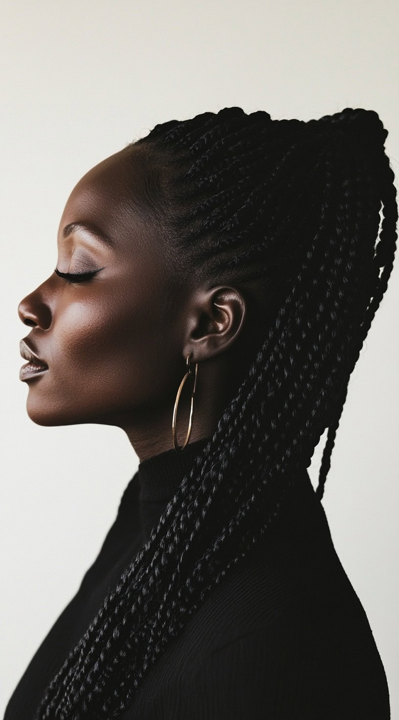 This image shows a woman with long, sleek twists styled half-up, half-down.