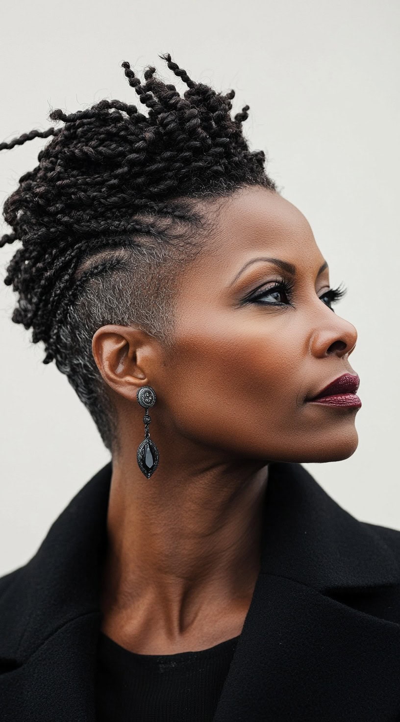 This image shows a woman with a braided mohawk with a tapered fade on the sides.