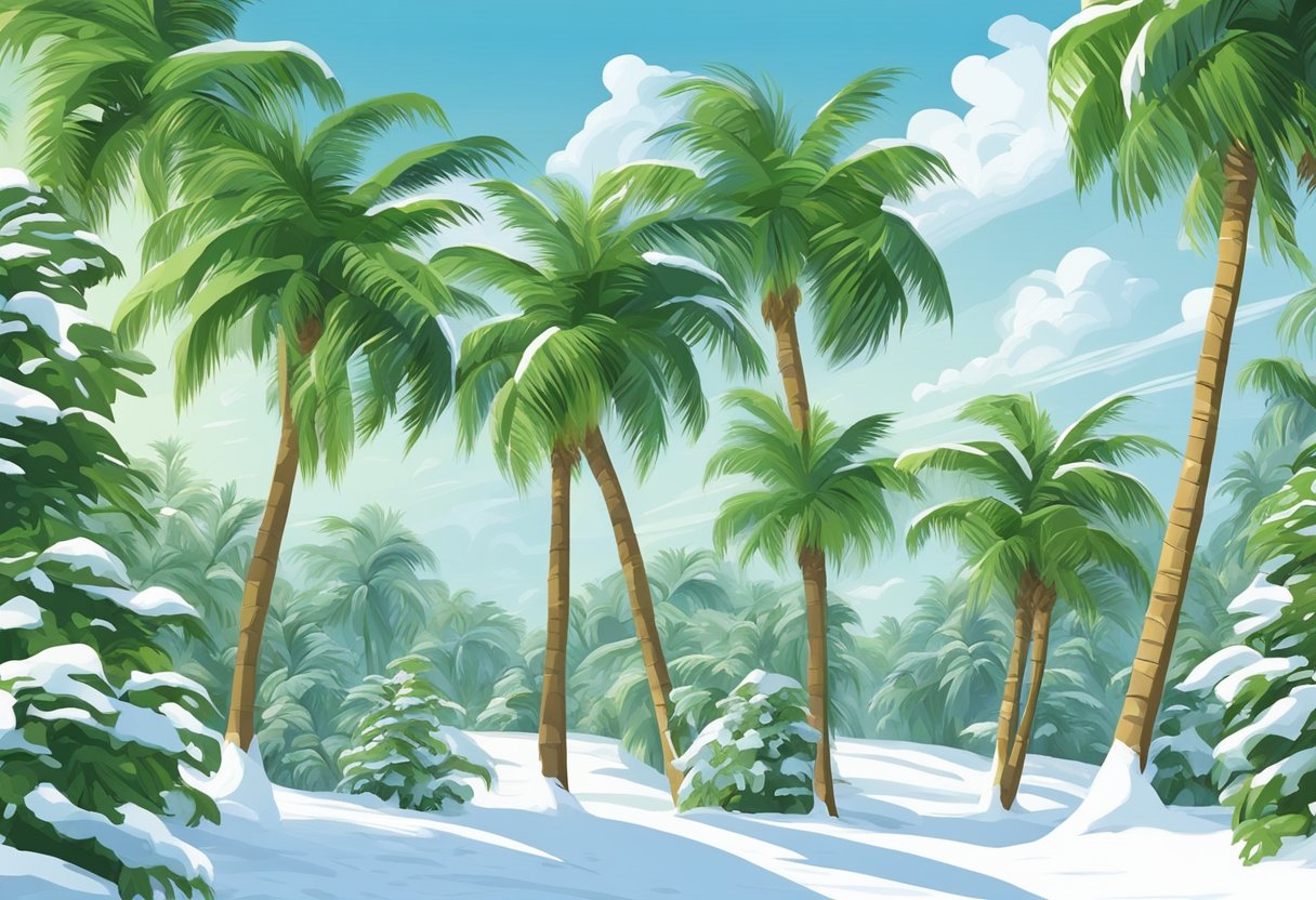 Palm trees covered in white snow, contrasting with the green foliage and blue sky