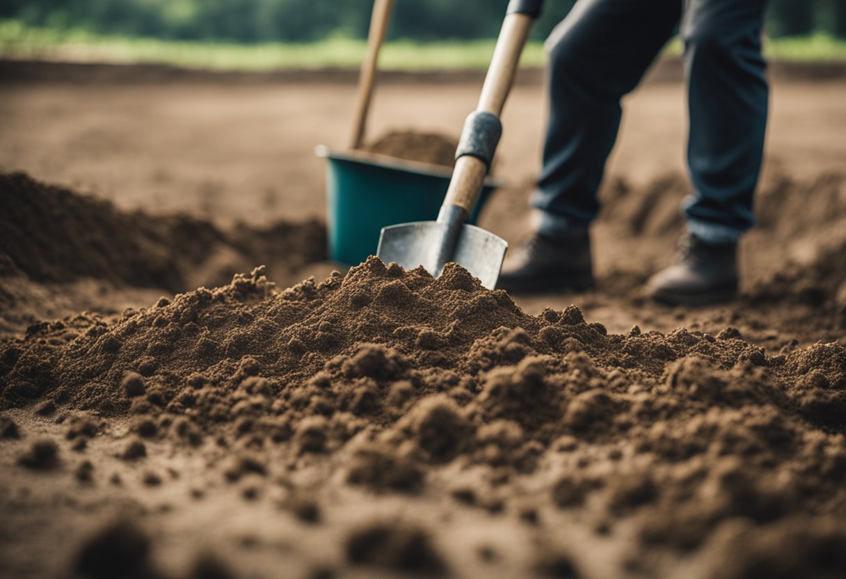 A person adding sulfur to soil, mixing with a shovel