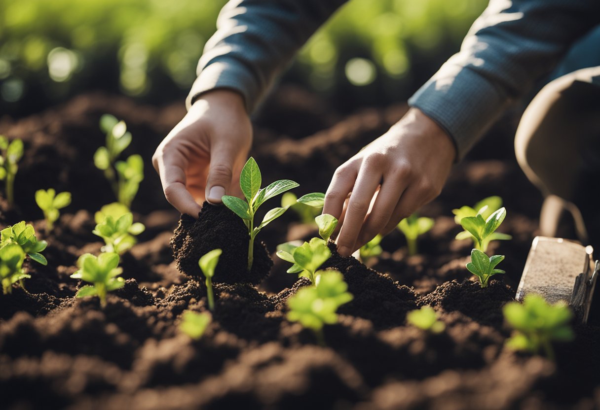 A person adding acidic soil amendments around newly planted plants