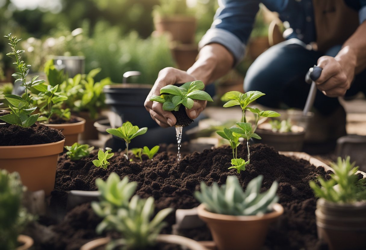 A gardener pouring acidic solution into soil to lower pH, surrounded by various plants and gardening tools