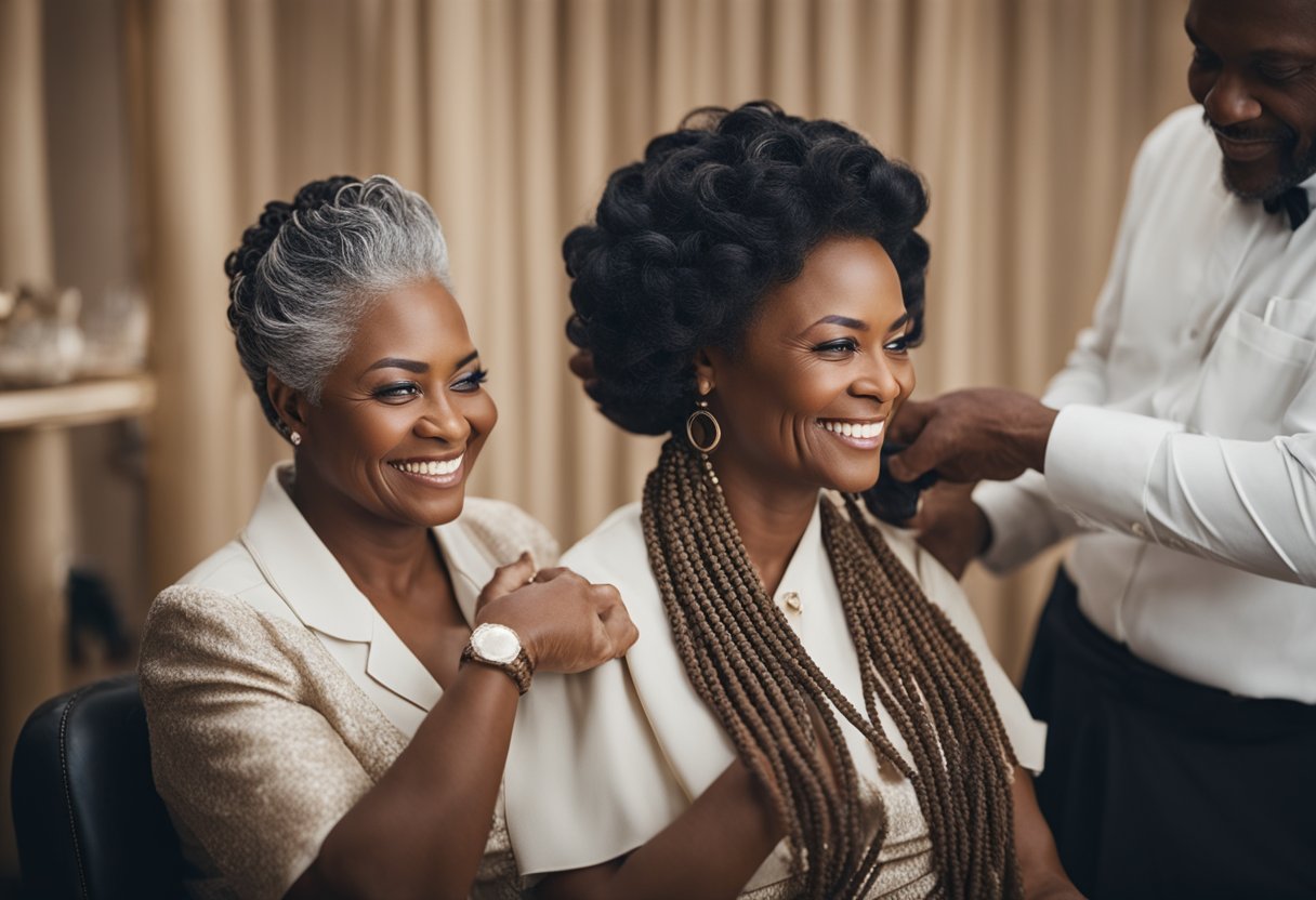 An older black woman sits in a chair, smiling as a hairstylist carefully braids her hair in a traditional and elegant style