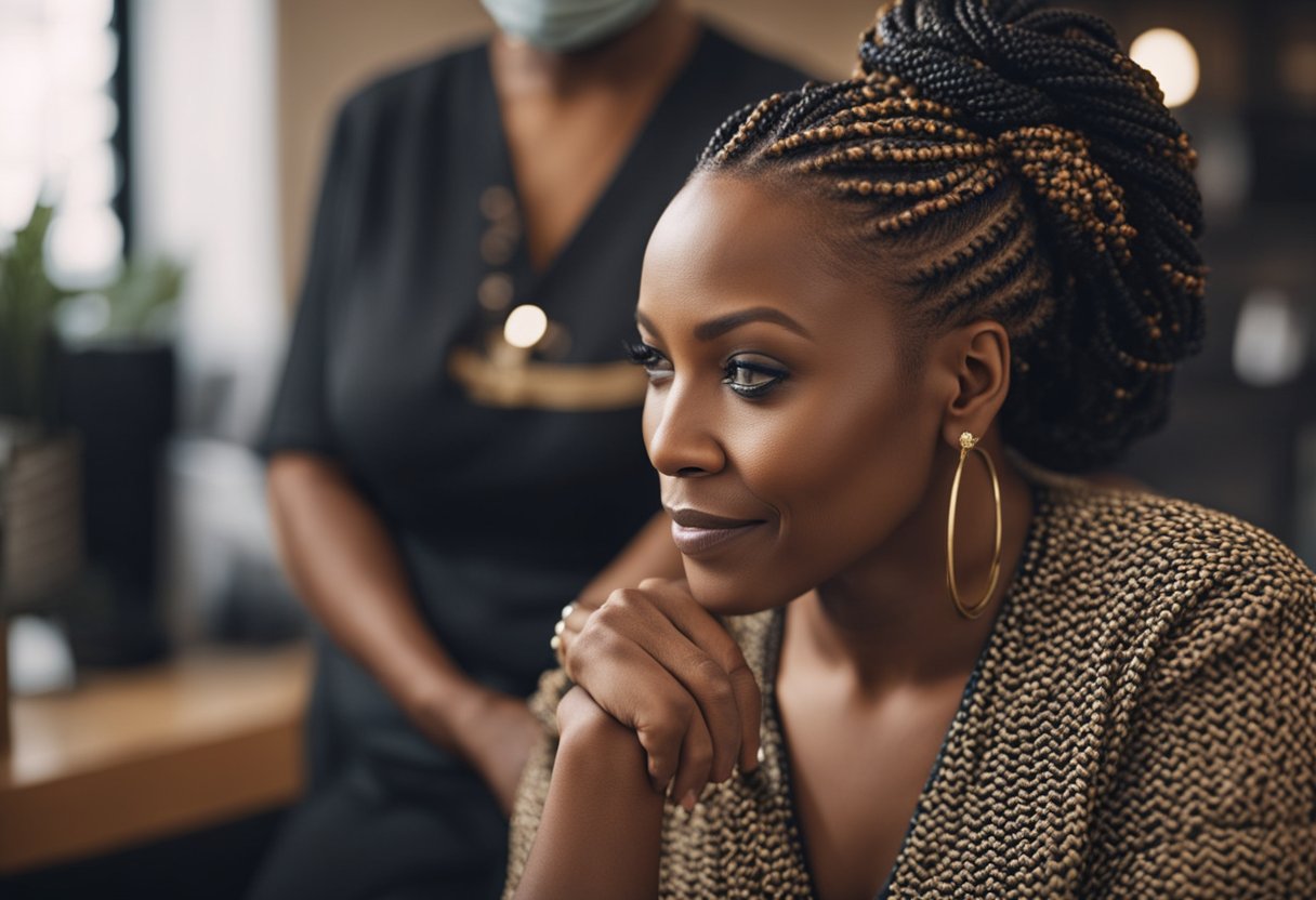 A mature black woman with thinning hair sits comfortably as a skilled hairstylist carefully weaves box braids into her hair, creating a stylish and protective hairstyle