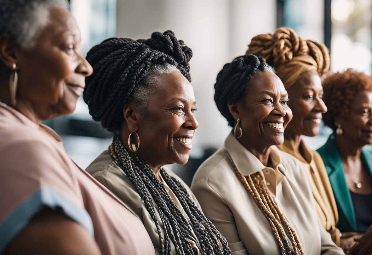 A group of older black women with braided hairstyles, gathered together in conversation, possibly at a community center or salon